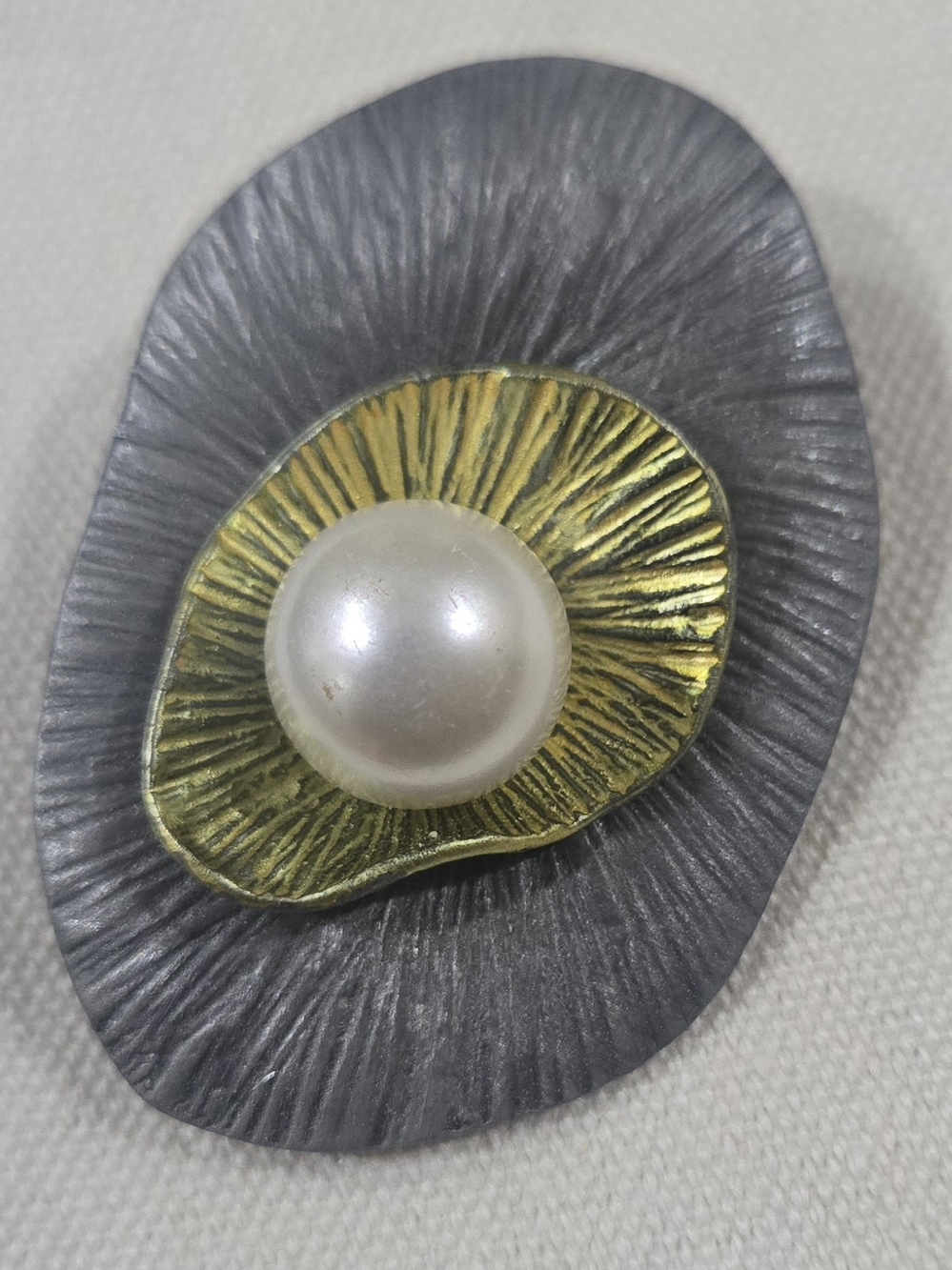 Faux Pearl Accent Two-Tone Gold and Gunmetal Brooch
